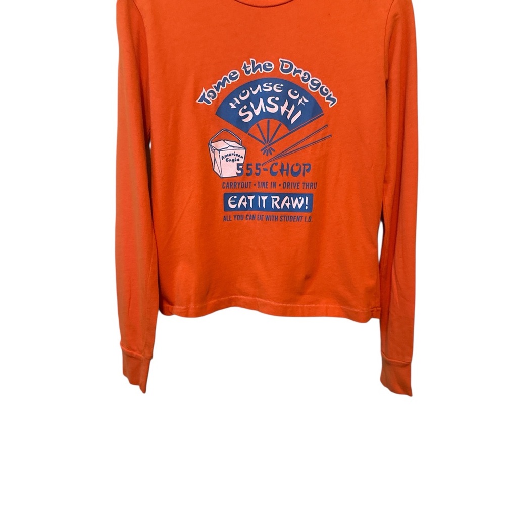 American Eagle Cropped TShirt Orange Sushi Graphic Long Sleeve Top Lightweight
